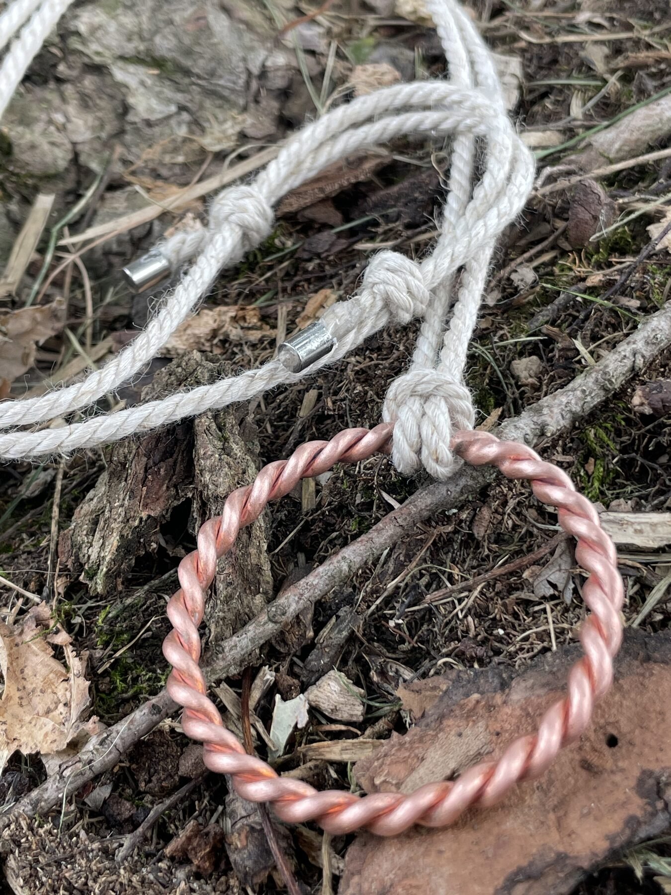 Complete Halo Hanger necklace with white linen cord and copper ring
